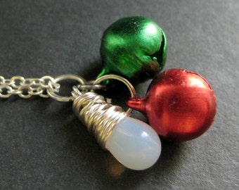 Christmas Bells Necklace. Holiday Necklace. Christmas Necklace in Red and Green. Silver Necklace. Handmade Jewelry.