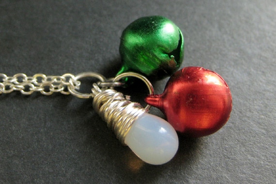 Christmas Bells Necklace. Holiday Necklace. Christmas Necklace in Red and Green. Silver Necklace. Handmade Jewelry.