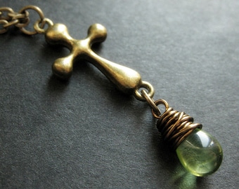 Teardrop Necklace. Christian Jewelry. Bronze Cross Necklace. Green Necklace. Handmade Jewelry.