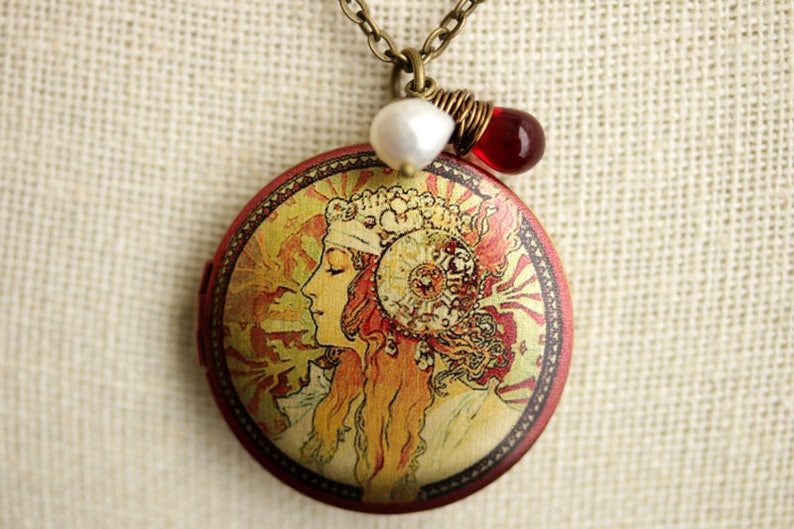 Alphonse Mucha Zodiac Locket Necklace Mucha Necklace With Red Etsy