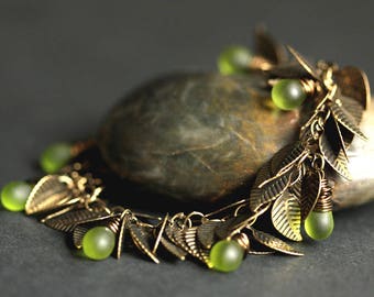 Teardrop Bracelet. Green Leaf Bracelet. Green Teardrop Charm Bracelet. Bronze Bracelet. Cluster Bracelet. Handmade Jewelry.