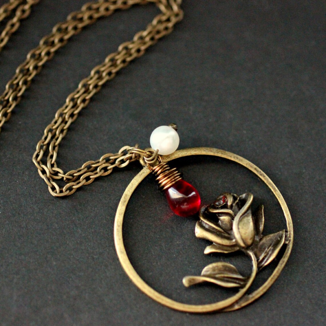 Red Rose Necklace. Bronze Rose Charm Necklace With Red Etsy