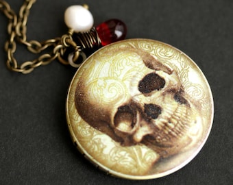 Creepy Skull Locket Necklace. Skull Necklace with Red Teardrop and Fresh Water Pearl Charm. Halloween Necklace. Bronze Locket.