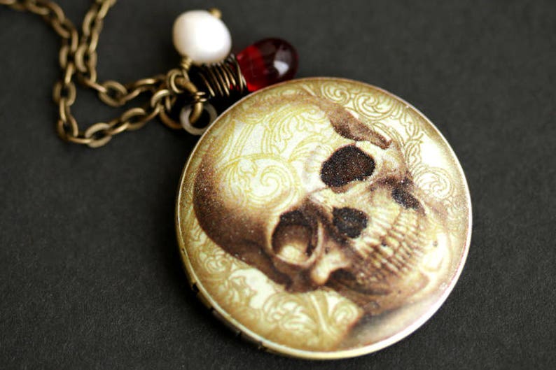 Creepy Skull Locket Necklace. Skull Necklace with Red Teardrop and Fresh Water Pearl Charm. Halloween Necklace. Bronze Locket. image 1