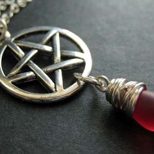 Silver Pentacle Necklace. Clouded Red Teardrop Necklace. Pagan Necklace. Handmade Jewelry.