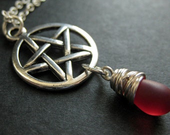 Silver Pentacle Necklace. Clouded Red Teardrop Necklace. Pagan Necklace. Handmade Jewelry.