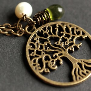 Tree of Life Necklace. Bronze Tree Necklace with Glass Teardrop and Fresh Water Pearl. Tree of Life Charm Necklace. Handmade Jewellery.
