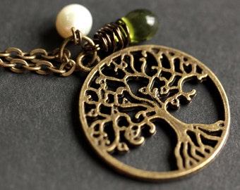 Tree of Life Necklace. Bronze Tree Necklace with Glass Teardrop and Fresh Water Pearl. Tree of Life Charm Necklace. Handmade Jewellery.