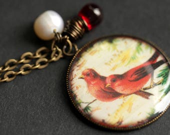 Red Bird Necklace. Red Birds Pendant with Dark Red Teardrop and Fresh Water Pearl. Charm Necklace. Red Necklace. Bronze Necklace.