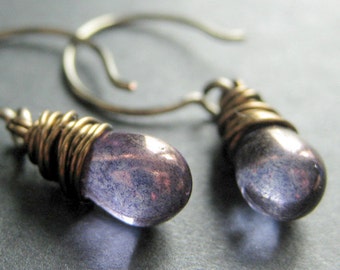 BRONZE Earrings - Dark Purple Earrings with Glass Teardrops, Wire Wrapped Earrings. Handmade Jewelry.