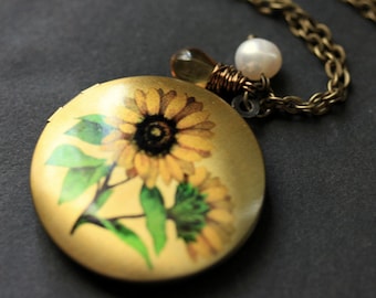 Sunflower Necklace. Sun Flower Locket Necklace. Sunflower Locket. Bronze Necklace with Honey Teardrop and Pearl. Handmade Jewelry.