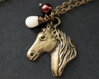 Horse Charm Necklace. Horse Necklace with White Coral Teardrop and Brown Pearl. Brown Horse Necklace. Bronze Necklace. Handmade Jewelry.