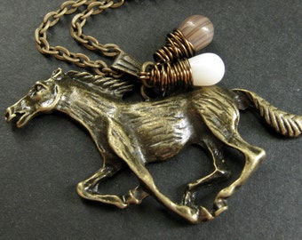 Horse Necklace. Bronze Running Horse Necklace with White Coral and Glass Teardrops. Handmade Jewelry