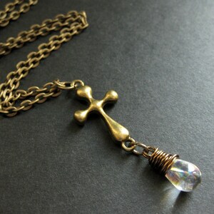 Christian Necklace. Clear Teardrop Necklace. Bronze Cross Necklace. Handmade Jewelry. image 2