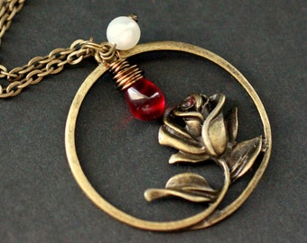 Red Rose Necklace.  Bronze Rose Charm Necklace with Red Teardrop and Fresh Water Pearl. Handmade Jewelry.