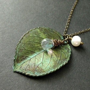 Leaf Necklace Charm Necklace in Green with Wire Wrapped Teardrop and Fresh Water Pearl. Handmade Jewelry. image 2