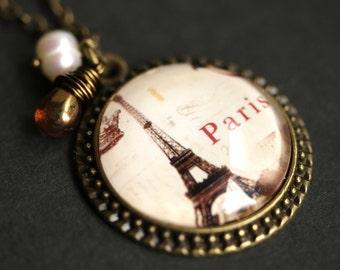 Paris Necklace. Eiffel Tower Pendant with Copper Brown Teardrop and White Pearl. Eiffel Tower Necklace. Paris Pendant. Bronze Necklace.