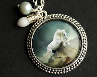 White Horse Necklace. Horse Pendant with Mint Green Fresh Water Pearl and White Coral Teardrop. Aqua Necklace. Handmade Necklace.