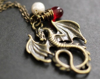 Dragon Necklace. Bronze Draco Necklace with Red Teardrop and Fresh Water Pearl. Handmade Jewellery.