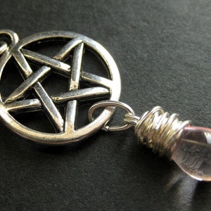 Silver Pentacle Necklace. Teardrop Necklace. Pink Necklace. Pagan Jewelry. Handmade Jewelry.