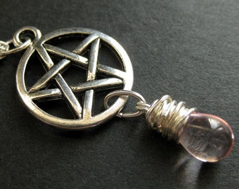 Silver Pentacle Necklace. Teardrop Necklace. Pink Necklace. Pagan Jewelry. Handmade Jewelry.