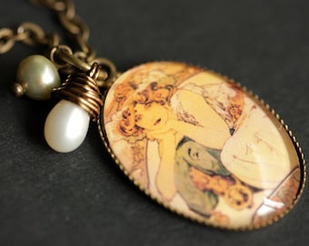 Alphonse Mucha Pendant. Autumn Necklace with White Pearl Teardrop and Sage Green Pearl. Charm Necklace. Art Nouveau Jewelry. Bronze Necklace