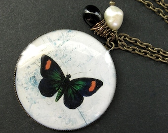 Butterfly Necklace. Black Butterfly Pendant with Fresh Water Pearl and Black Glass Teardrop. Handmade Jewelry.