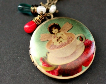 Teacup Fairy Necklace. Rose Tea Fairie Locket Necklace. Turquoise and Red Necklace with Coral Teardrop, Glass Teardrop and Pearl.