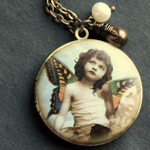 Vintage Print Locket Necklace with Glass Teardrop and Fresh Water Pearl. Butterfly Girl Necklace. Handmade Jewellery.