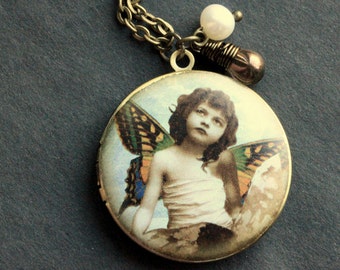 Vintage Print Locket Necklace with Glass Teardrop and Fresh Water Pearl. Butterfly Girl Necklace. Handmade Jewellery.