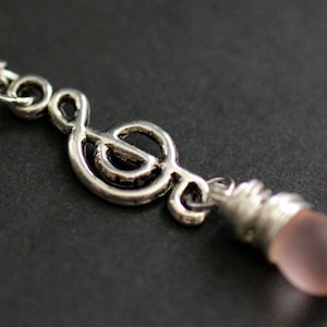 Clouded Pink Teardrop Necklace. Music Necklace. Treble Clef Necklace. Musical Note Necklace in Silver. Handmade Jewellery.