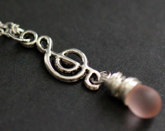 Clouded Pink Teardrop Necklace. Music Necklace. Treble Clef Necklace. Musical Note Necklace in Silver. Handmade Jewellery.