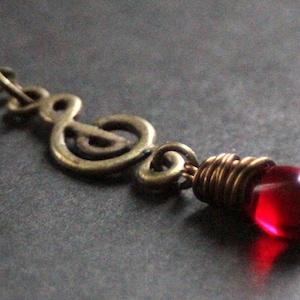 Treble Clef Necklace. Red Teardrop Necklace. Musical Note Necklace. Musician Necklace in Bronze. Handmade Jewellery.