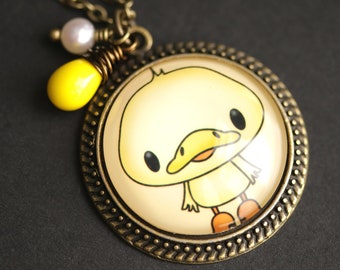 Baby Duck Necklace. Cartoon Duck Pendant. Yellow Duckie Necklace with Bright Yellow Teardrop and Fresh Water Pearl. Bronze Necklace.