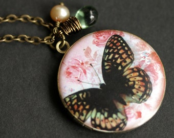 Colorful Butterfly Locket Necklace. Honey Butterfly Necklace with Green Teardrop and Fresh Water Pearl Charm. Photo Locket. Bron