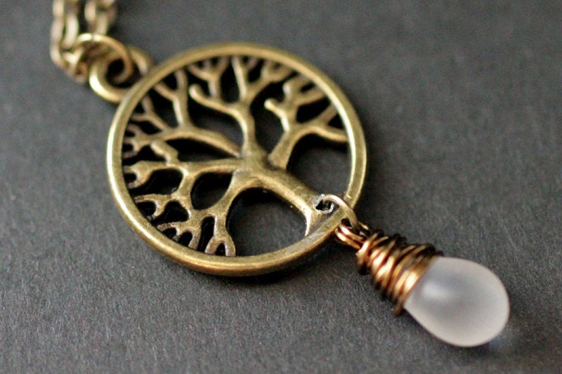 Tree Necklace in Bronze. Tree of Life Necklace. Wire Wrapped Clouded White Teardrop Necklace. Handmade Jewelry.