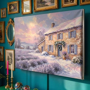 Fransk lantlig Provence TV-dammkonstomslag Vinterimpressionistisk bondgård