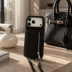 Pode incluir: Uma capa de telemóvel preta texturizada com um bolso vertical com fecho de correr na parte de trás e uma alça destacável. A capa apresenta um recorte para um sistema de câmara de lente tripla e protege o smartphone com espaço de arrumação.