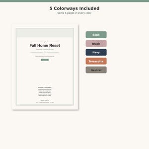Può includere: Un pacchetto digitale di liste di controllo per la casa in autunno in cinque varianti di colore: salvia, blush, blu navy, terracotta e neutro. Il documento include sei pagine per colore, tra cui una panoramica, pulizia e lista spesa.