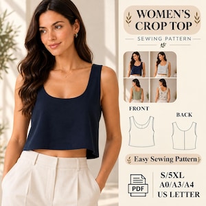 Peut inclure: Un haut court sans manches bleu marine avec une encolure dégagée. L'image contient le texte WOMEN'S CROP TOP SEWING PATTERN, EASY SEWING PATTERN, S/5XL, A0/A3/A4 et US LETTER, avec des schémas montrant les vues avant et arrière du vêtement.