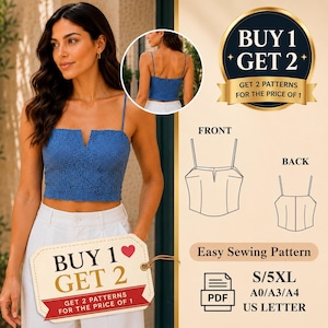 Peut inclure: Un haut court en dentelle bleue avec de fines bretelles et une encolure en V. L'image comprend un schéma de patron de couture montrant les vues avant et arrière, indiqué comme un patron de couture facile en format PDF pour les tailles S à 5XL.