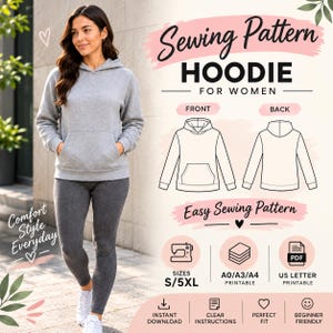 Peut inclure: Un patron de couture pour sweat à capuche avec des dessins au trait du devant et du dos, texte Sewing Pattern HOODIE FOR WOMEN, Easy Sewing Pattern, tailles S/5XL, imprimable A0/A3/A4, format US Letter, téléchargement immédiat.