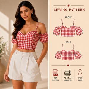 May include: A red and white gingham crop top with thin shoulder straps and off-the-shoulder puff sleeves. The image includes a sewing pattern diagram showing front and back views, with text labels for PDF pattern, A0-A3-A4 US letter, and S/5XL sizes.