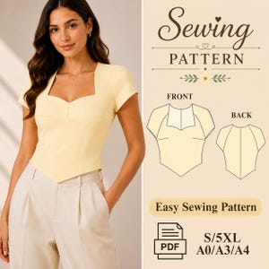 May include: A pale yellow short-sleeved top with a sweetheart neckline and a pointed hem. The image includes text reading Sewing Pattern, Easy Sewing Pattern, S/5XL, and A0/A3/A4, alongside line drawings showing the front and back of the garment.