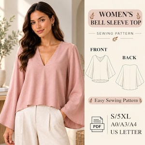 Peut inclure: Un patron de couture pour un haut à manches évasées, illustré par un chemisier rose poudré à col en V. L'image présente des dessins techniques du devant et du dos, avec le texte WOMEN'S BELL SLEEVE TOP, SEWING PATTERN et des formats PDF.