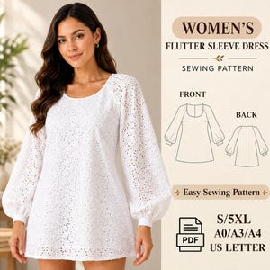 Può includere: Un abito bianco in tessuto sangallo con maniche lunghe a volant e scollo rotondo. L'immagine include il testo WOMEN'S FLUTTER SLEEVE DRESS SEWING PATTERN, disegni lineari FRONT e BACK, Easy Sewing Pattern e S/5XL A0/A3/A4 US LETTER PDF.