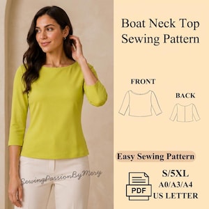 May include: A lime green boat neck top with three-quarter sleeves. The image includes text: Boat Neck Top Sewing Pattern, Easy Sewing Pattern, S/5XL, A0/A3/A4, US LETTER, and a PDF icon. Line drawings show the front and back of the garment.