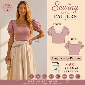 Peut inclure: Un patron de couture pour un haut mauve à encolure carrée et manches bouffantes. L'image montre le vêtement fini sur un modèle, des dessins techniques de face et de dos, et des tailles du S au 5XL pour impression PDF en A0, A3, A4 et US Letter.