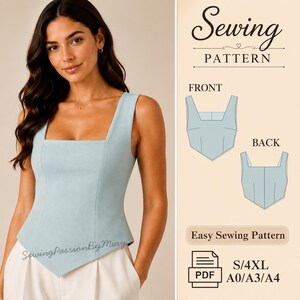May include: A light blue sleeveless top with a square neckline and a pointed hemline. The image includes a sewing pattern guide labeled Sewing Pattern, Front, Back, Easy Sewing Pattern, PDF, and size range S/4XL for A0, A3, and A4 paper formats.
