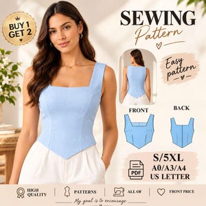 May include: A sewing pattern for a light blue sleeveless corset-style top with a square neckline and pointed hem. The image includes text reading SEWING Pattern, Easy pattern, S/5XL, A0/A3/A4, US LETTER, and BUY 1 GET 2, with diagrams showing front and back views.